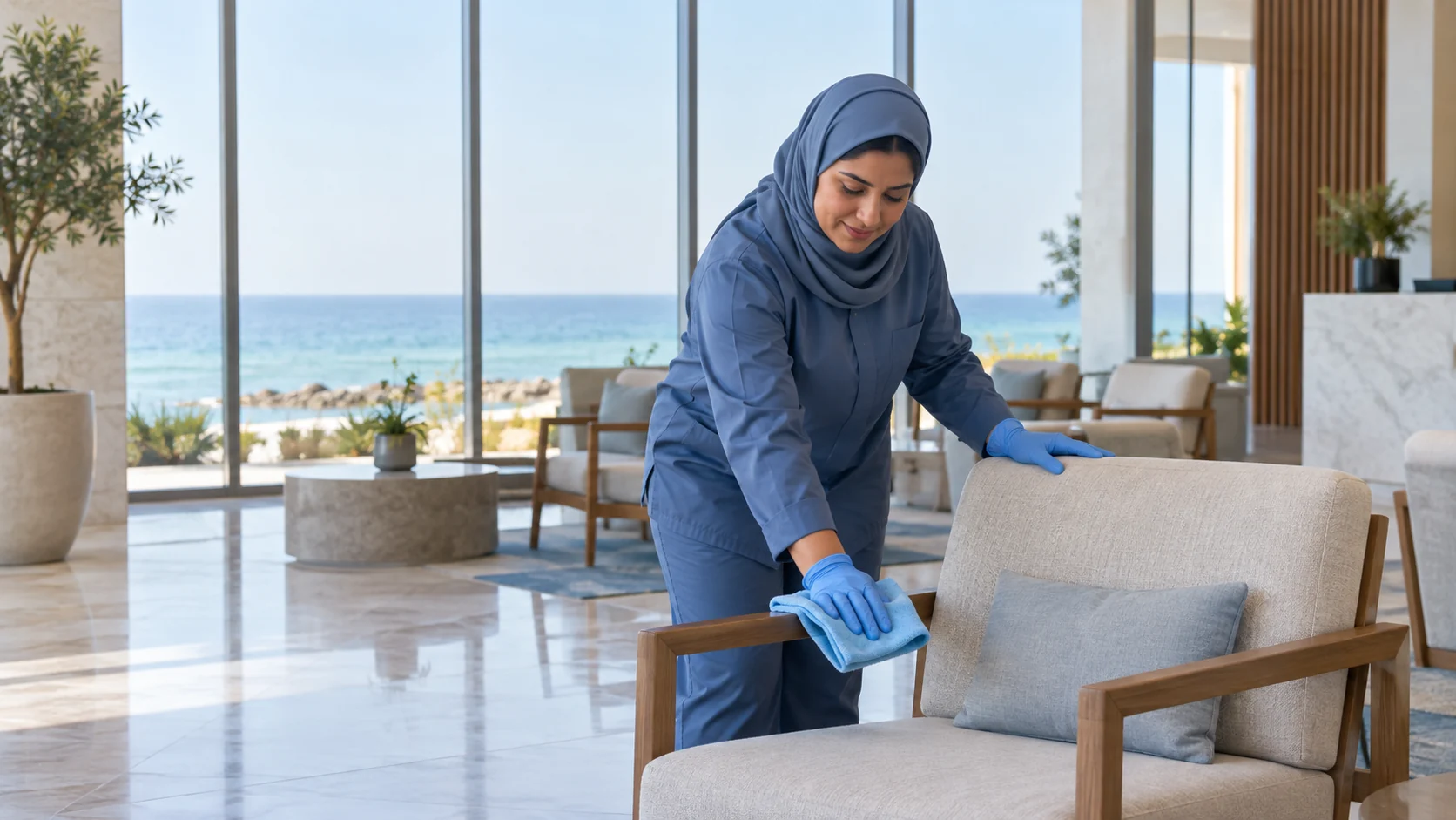 Illustrated female cleaner wiping a chair armrest in a coastal reception lounge
