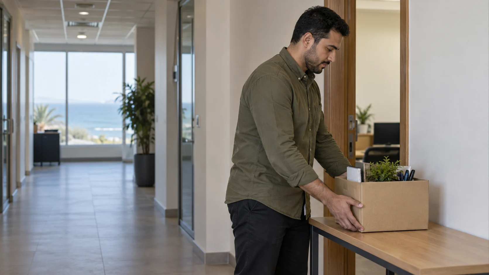 Office attendant placing an unmarked box of office supplies on a handover table