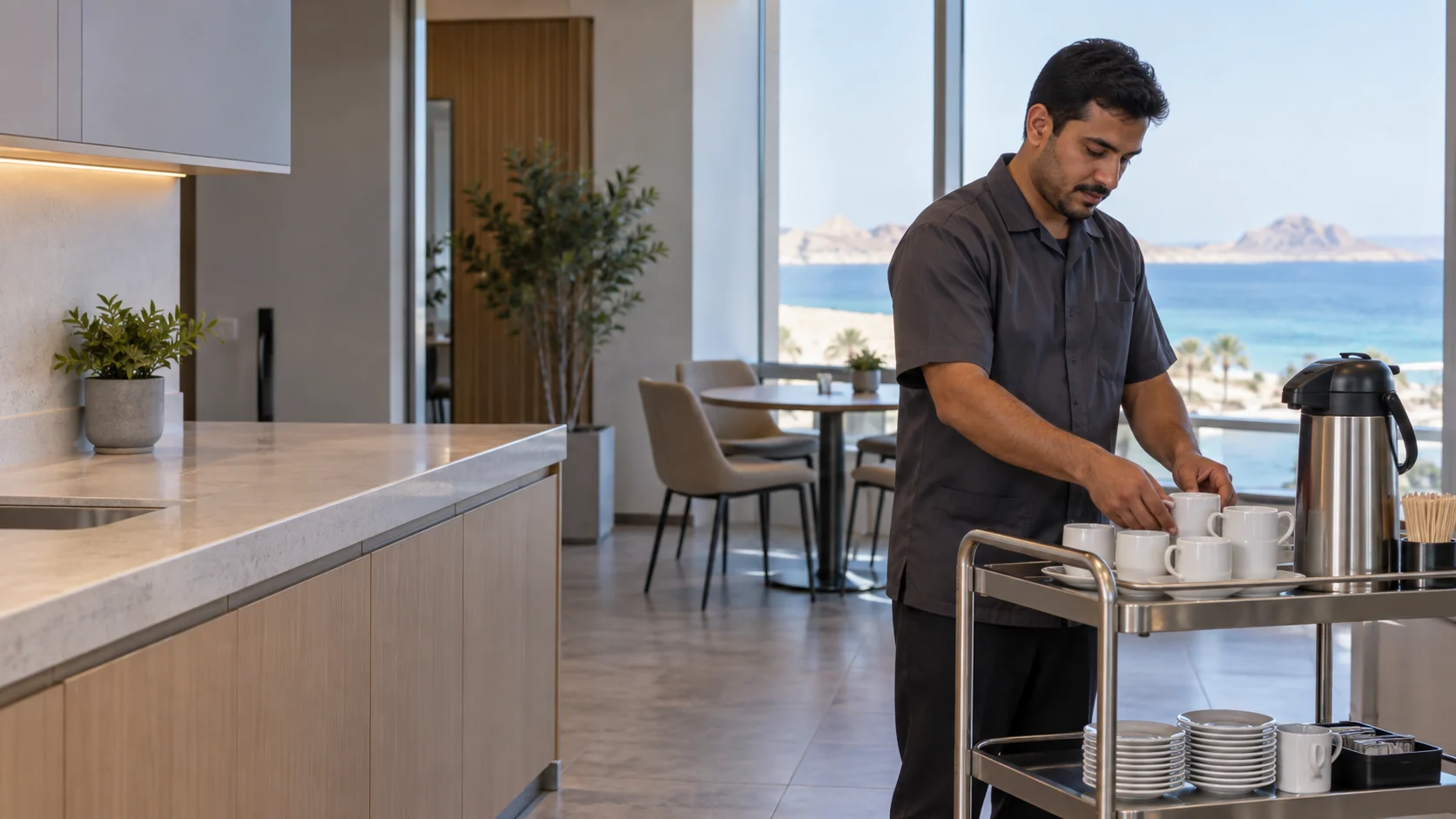 Male pantry attendant arranging white cups beside a thermal beverage flask in a coastal office pantry