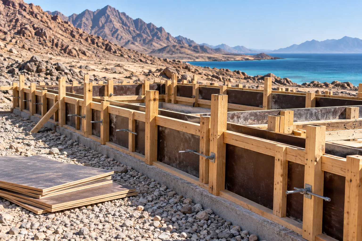 Timber and plywood foundation formwork with spare panels in a rocky coastal setting