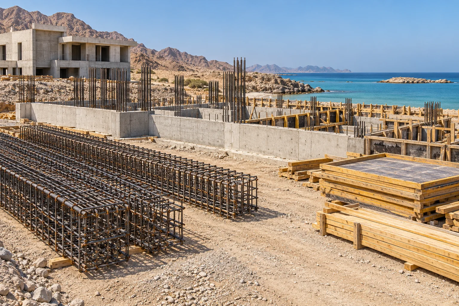 Reinforcement cages and timber formwork beside a concrete foundation in a coastal setting