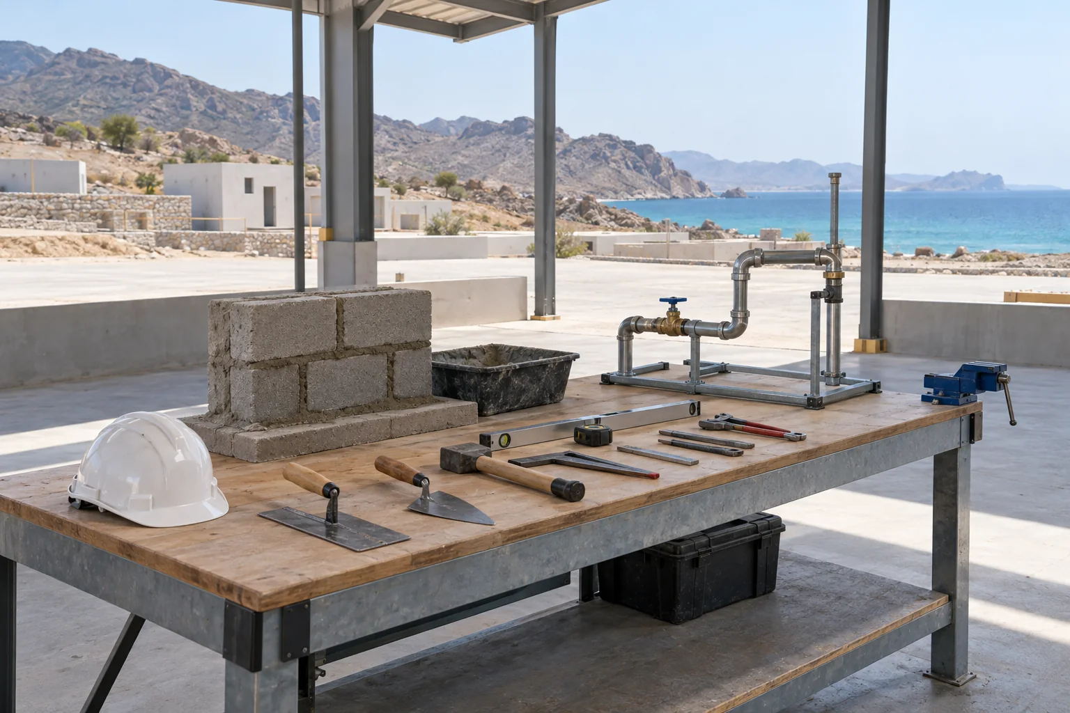 An empty trade-assessment workbench with masonry and pipework samples in a coastal setting