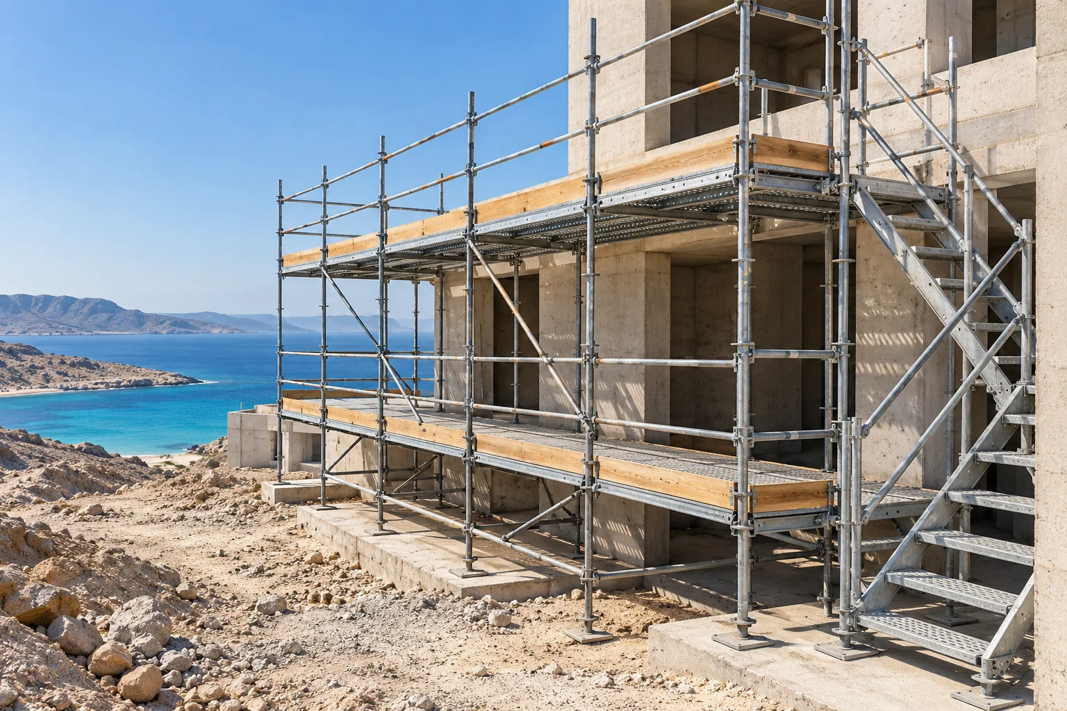 Scaffold platforms and a stair access bay beside an unfinished concrete facade on a rocky coast