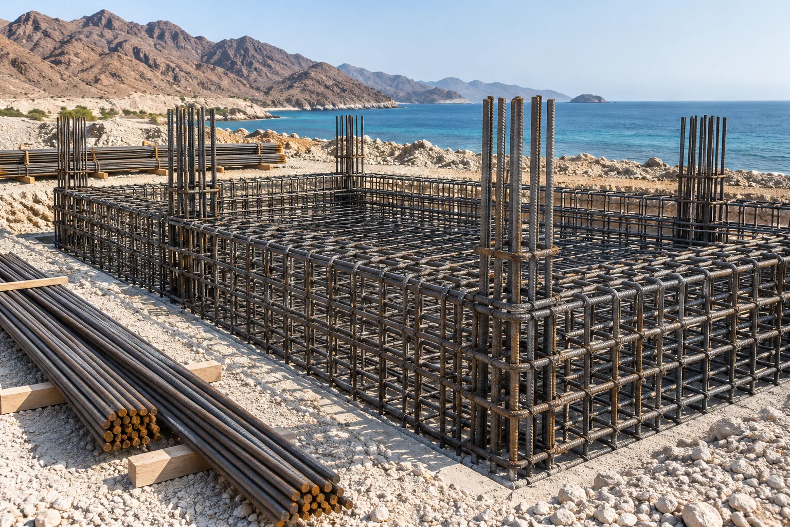 Tied reinforcement cages and spare steel bars on supports beside a rocky coast